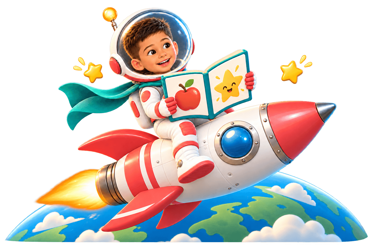 Kosmo čita slikovnicu dok leti na raketi iznad Zemlje.